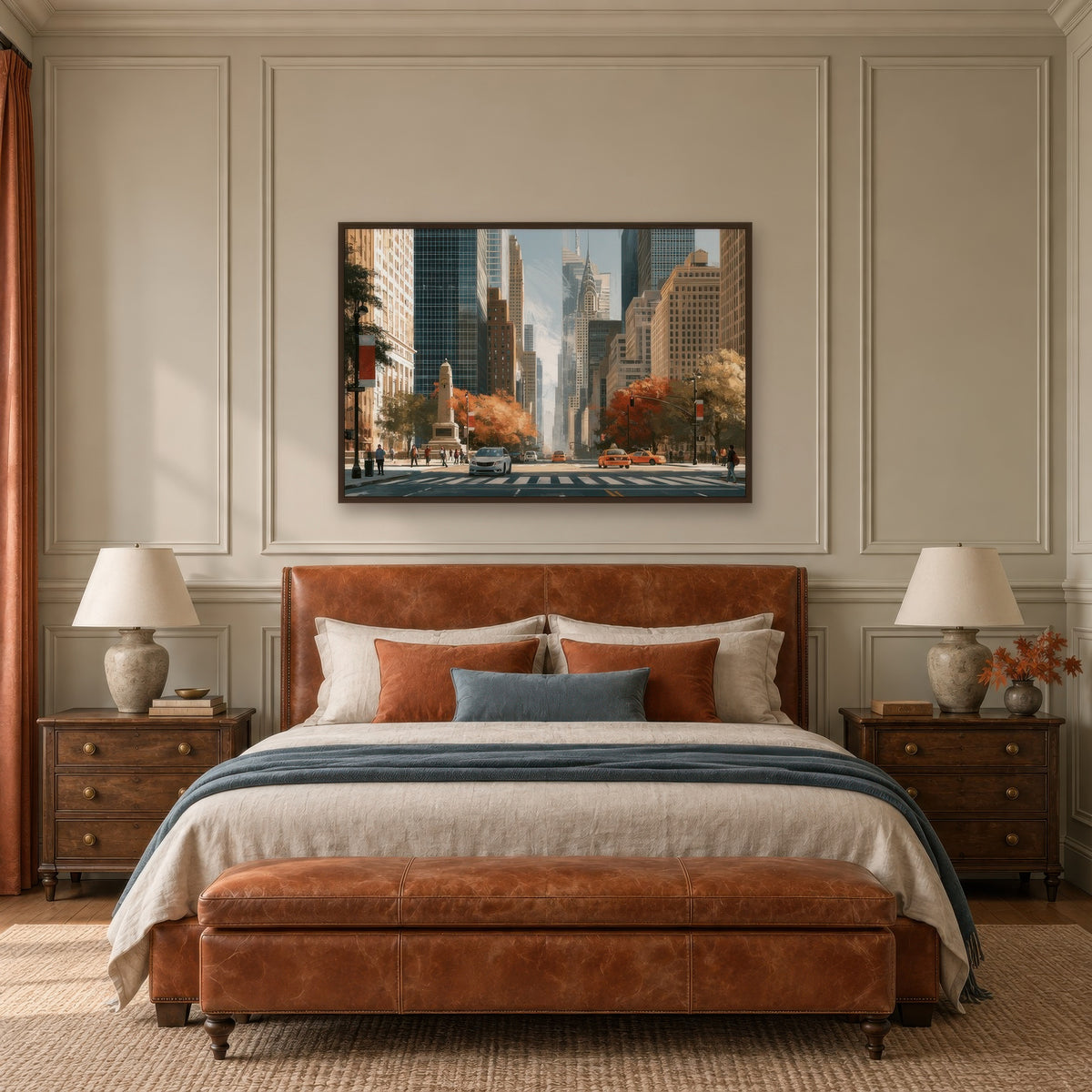 Manhattan Street in Autumn impressionist wall art in a bedroom