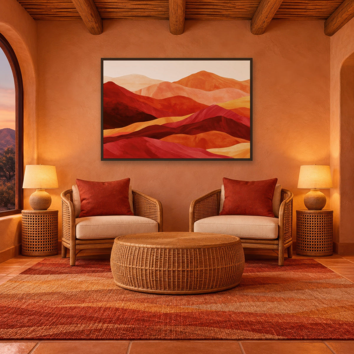 Layered Mountain Ridges in Red and Orange boho wall art in a den