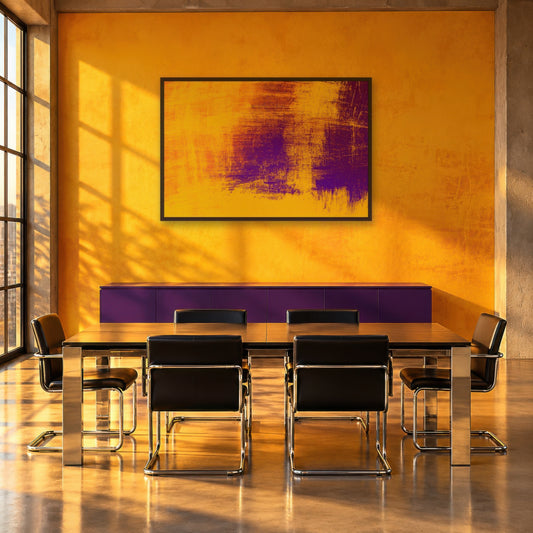 Gold and Purple Abstract wall art in a dining room