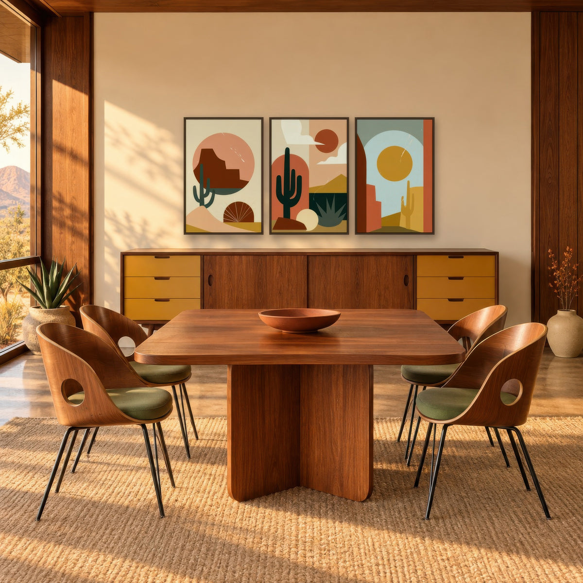 Desert Sun Abstract Triptych mid-century modern wall art in a dining room