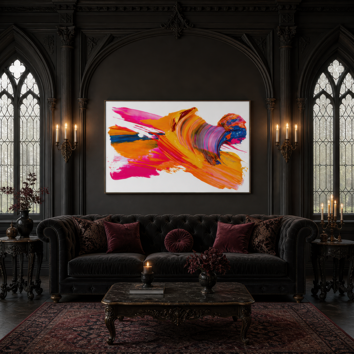 Kaleidoscope pulse above a dark tufted sofa with plum pillows in a near black Gothic room