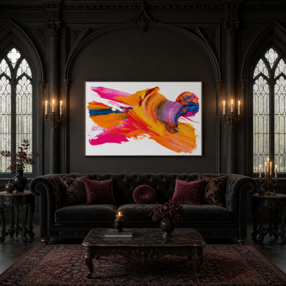 Kaleidoscope pulse above a dark tufted sofa with plum pillows in a near black Gothic room
