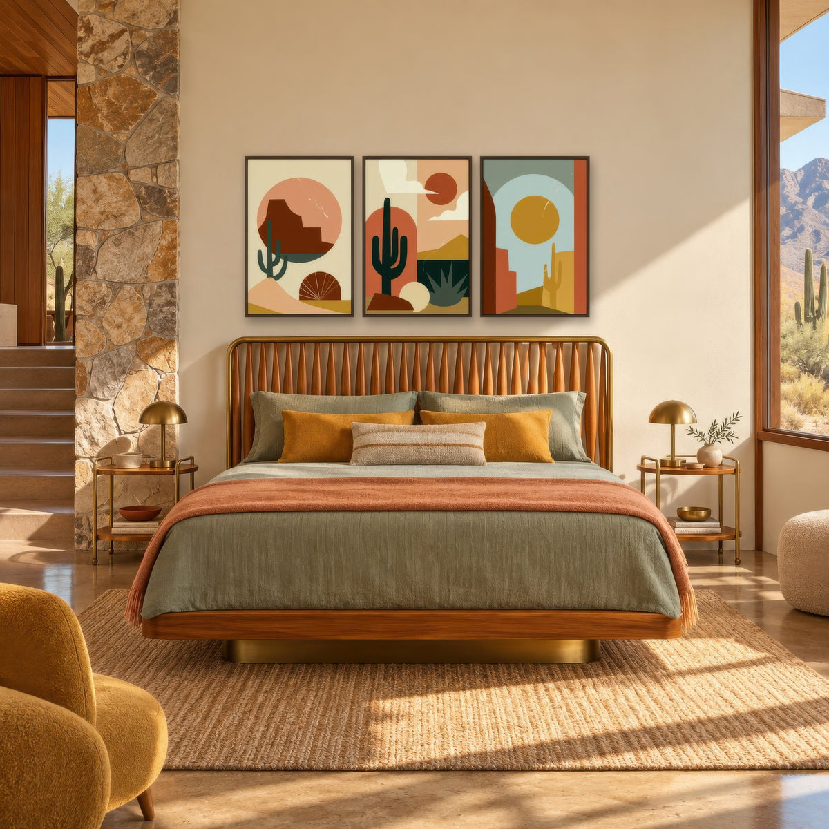 Desert Sun Abstract Triptych mid-century modern wall art in a bedroom