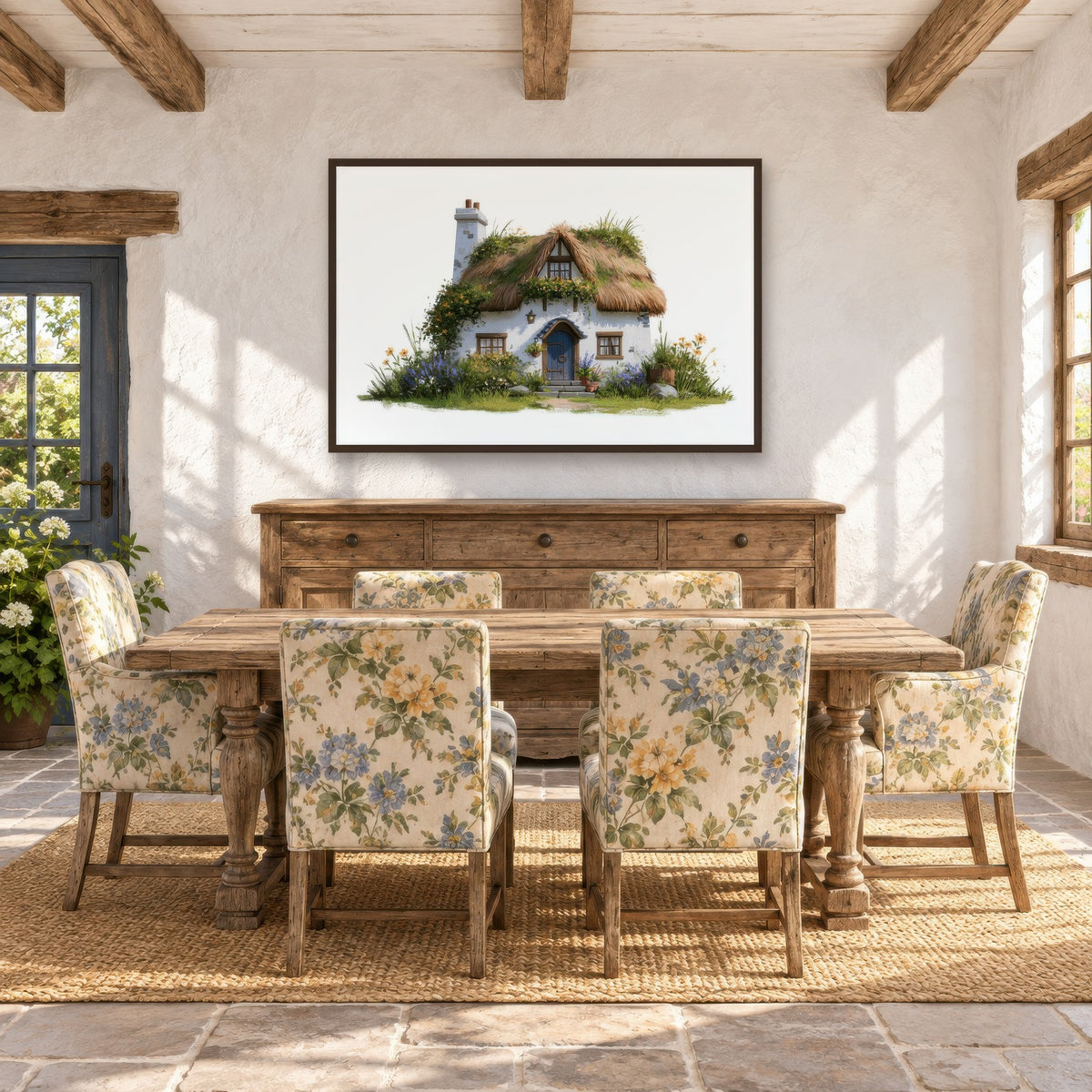 Mossy Thatched Cottage cottagecore wall art in a dining room
