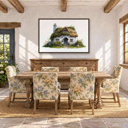 Mossy Thatched Cottage cottagecore wall art in a dining room