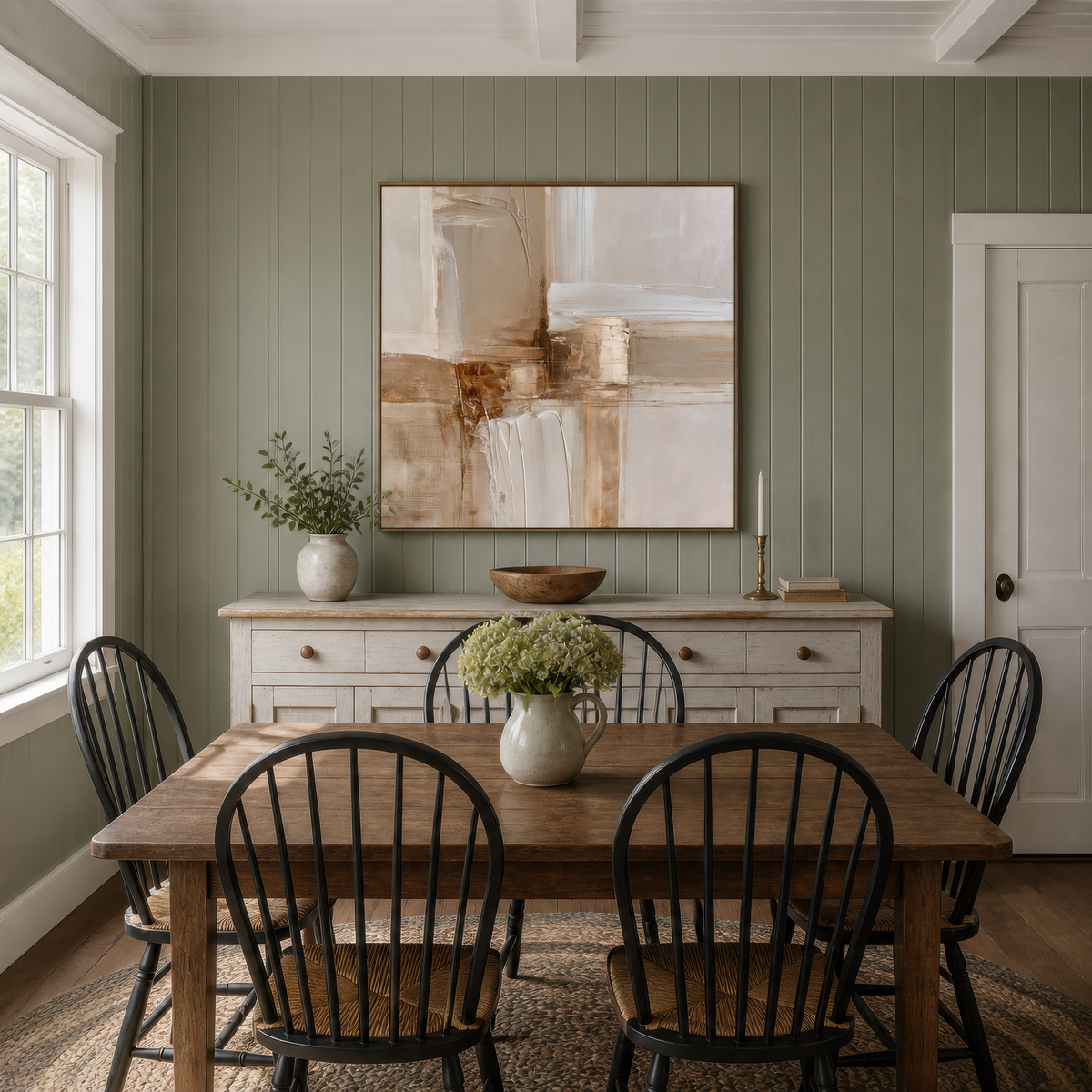 Square cream and copper abstract artwork above a white sideboard in a dining room with a sage paneled wall