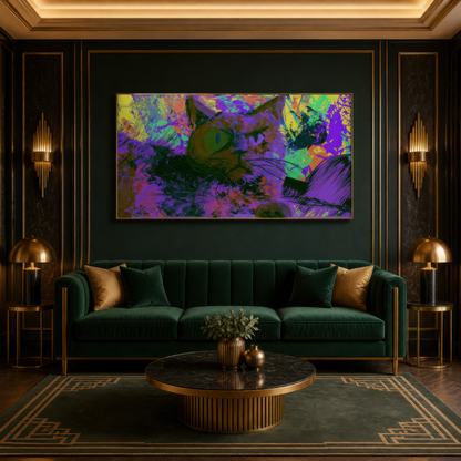 Purple and Green Cat psychedelic wall art in a dark green living room