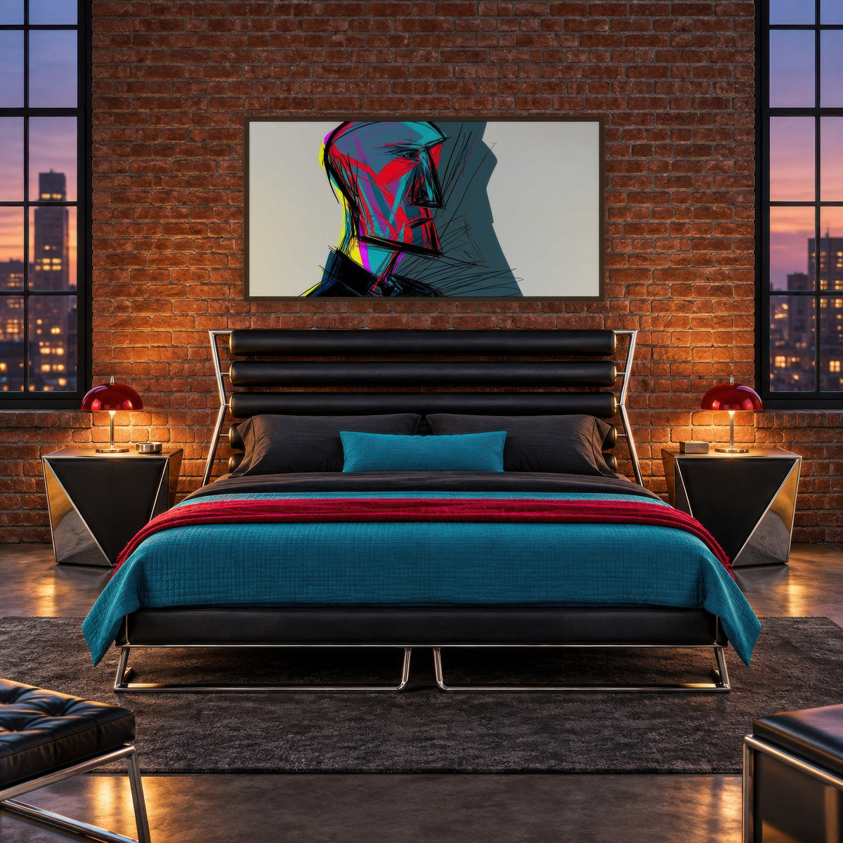 Red and Teal Profile Sketch abstract portrait wall art in a bedroom
