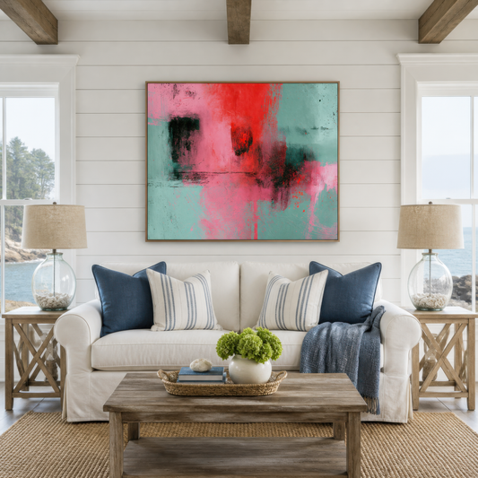 Large pink and mint green abstract artwork above a white sofa on a shiplap wall