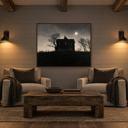 Moonlit Farmhouse Silhouette farmhouse wall art in a den