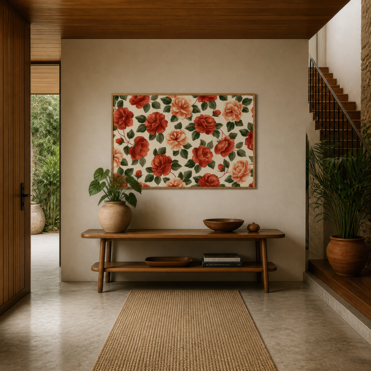 Rust Rose Pattern on Cream wall art print, alternate room view