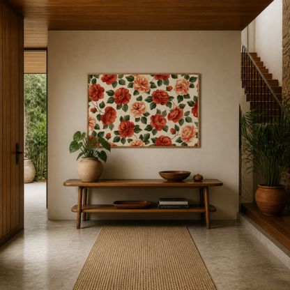Rust Rose Pattern on Cream wall art print, alternate room view