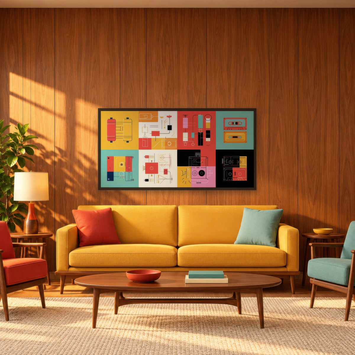 Retro Gadgets Grid Illustration mid-century modern wall art in a living room