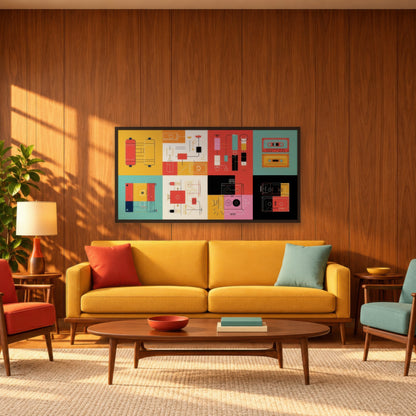Retro Gadgets Grid Illustration mid-century modern wall art in a living room