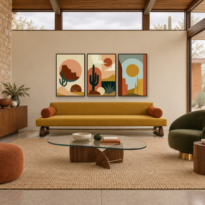 Desert Sun Abstract Triptych mid-century modern wall art in a living room