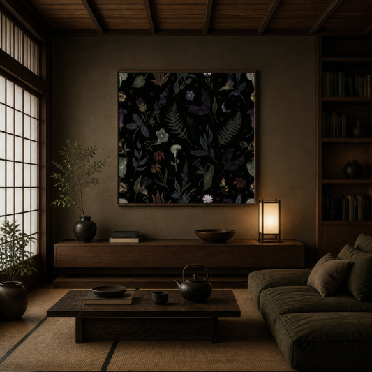 Moonlit Fern and Wildflower Illustration wall art print, alternate room view