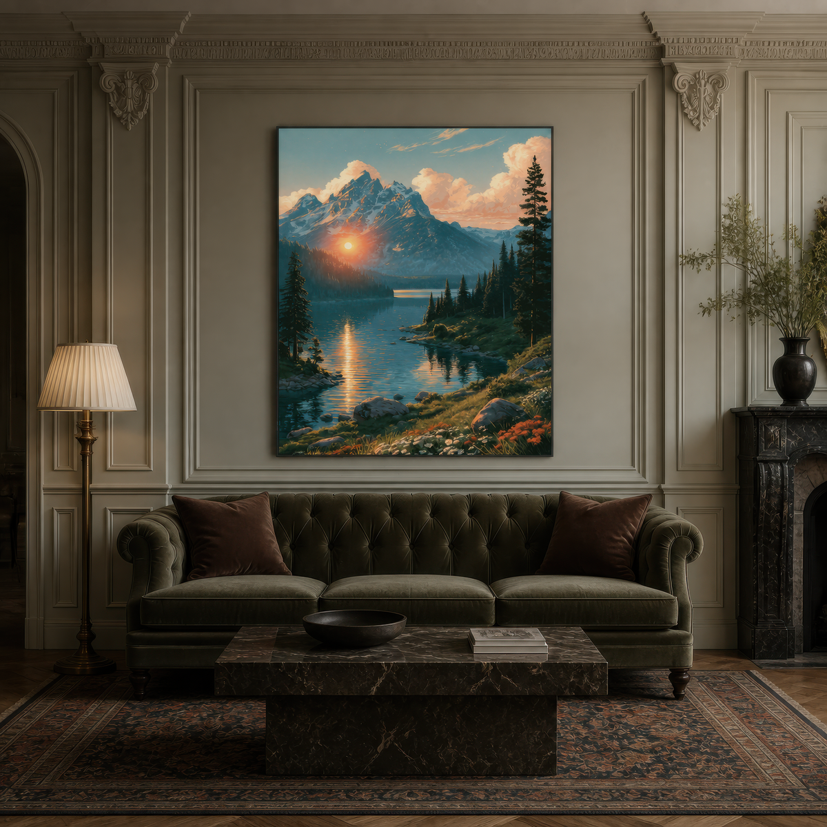 Mountain Lake at Sunset wall art print, alternate room view