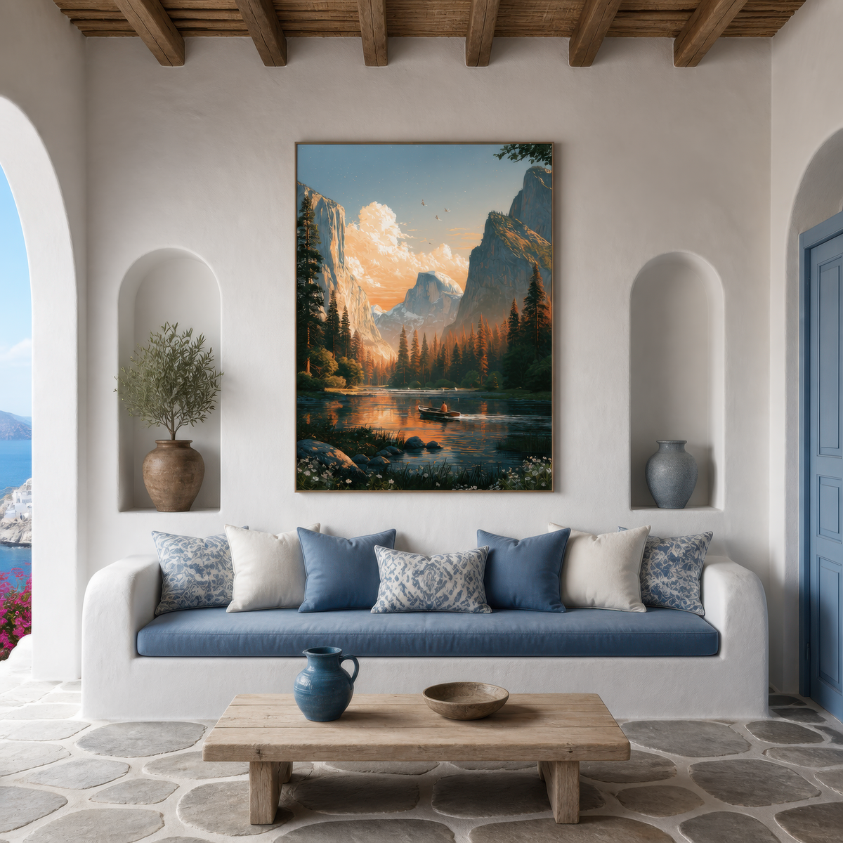 Yosemite Valley Boat on River wall art print, alternate room view