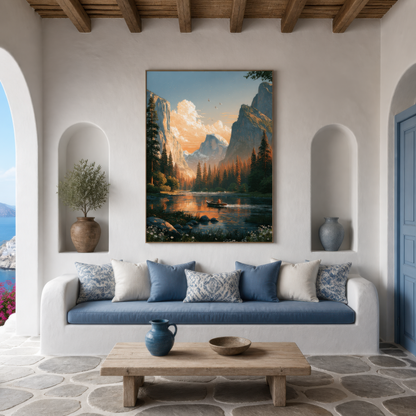 Yosemite Valley Boat on River wall art print, alternate room view