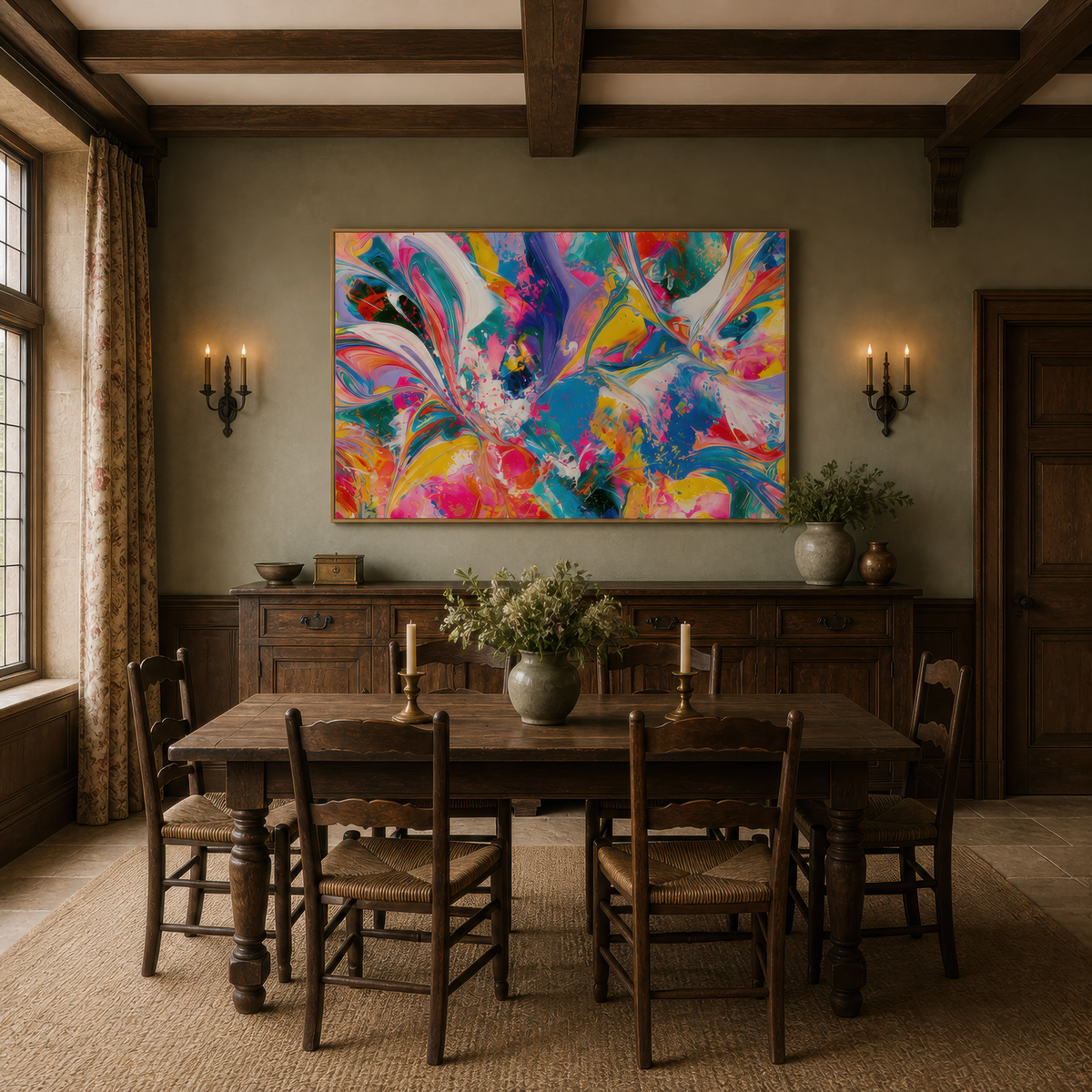 Vibrant color swirl above a dark dining table with rush chairs and brass sconces