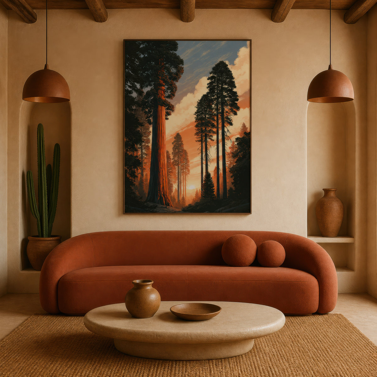 Giant Sequoia Trees at Sunset wall art print staged in a room