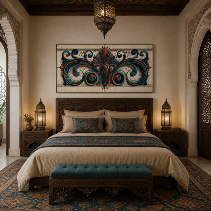 Ornate deco scrollwork above a wooden bed with blue and tan bedding and a teal bench
