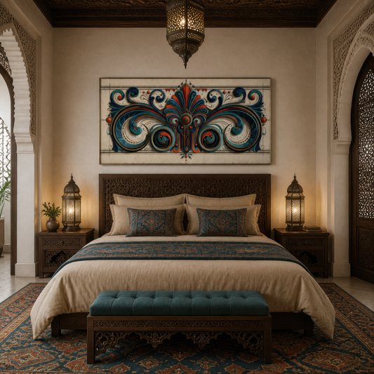 Ornate deco scrollwork above a wooden bed with blue and tan bedding and a teal bench