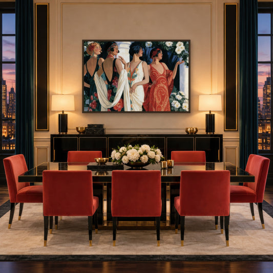 Flappers in the Garden art deco wall art in a dining room