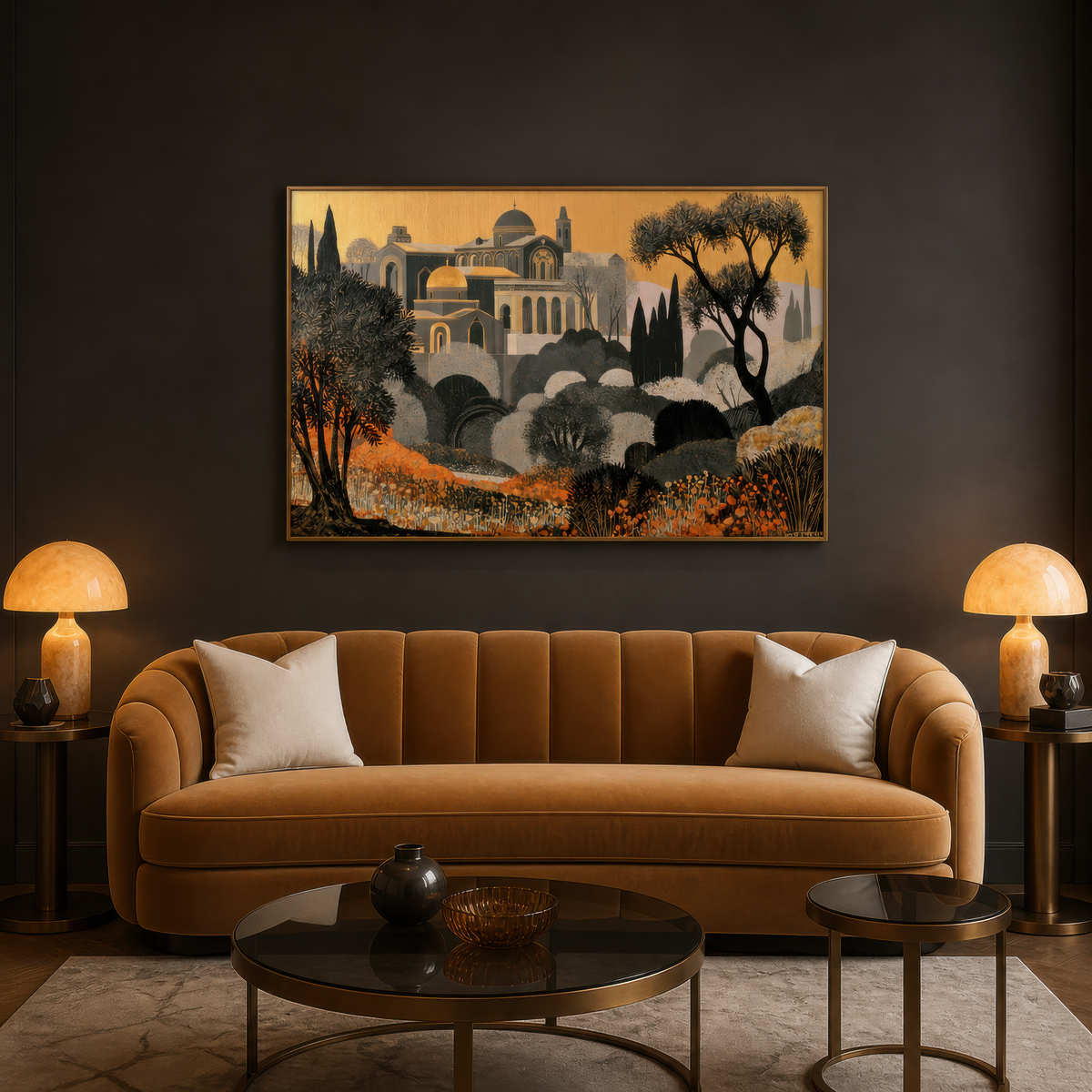 Mediterranean deco landscape above a camel channel velvet sofa on a charcoal wall