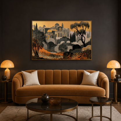 Mediterranean deco landscape above a camel channel velvet sofa on a charcoal wall