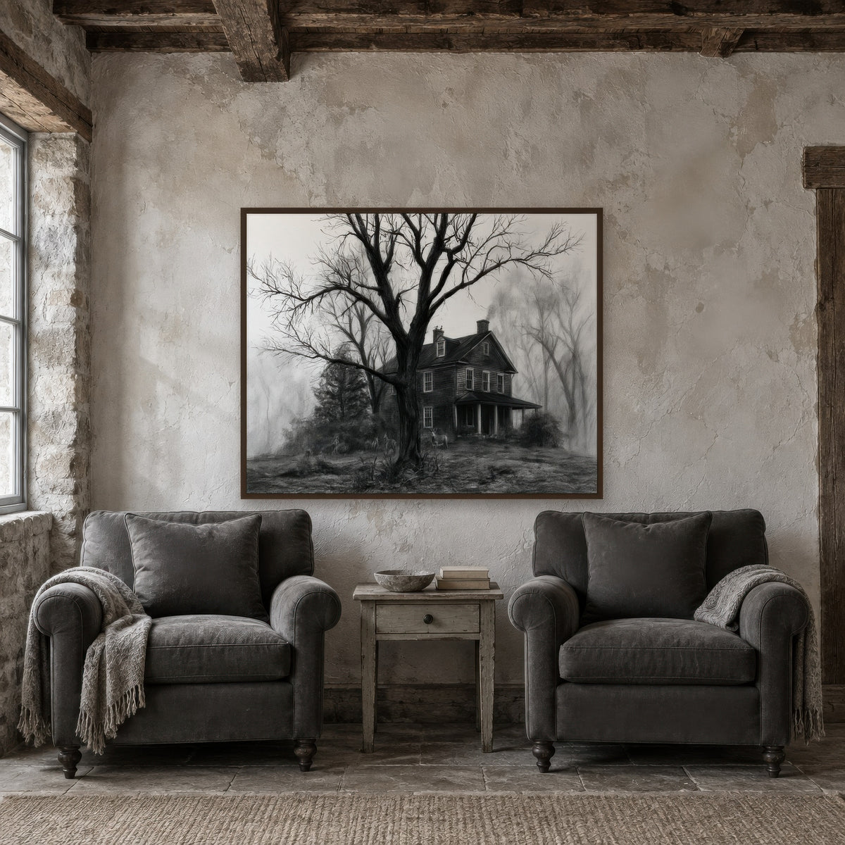 Farmhouse Behind the Ancient Tree farmhouse wall art in a den