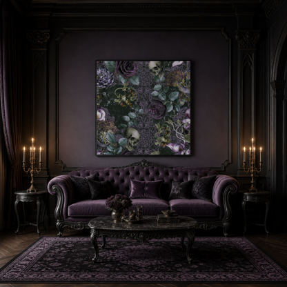 Gothic Skull and Rose Pattern wall art print, alternate room view