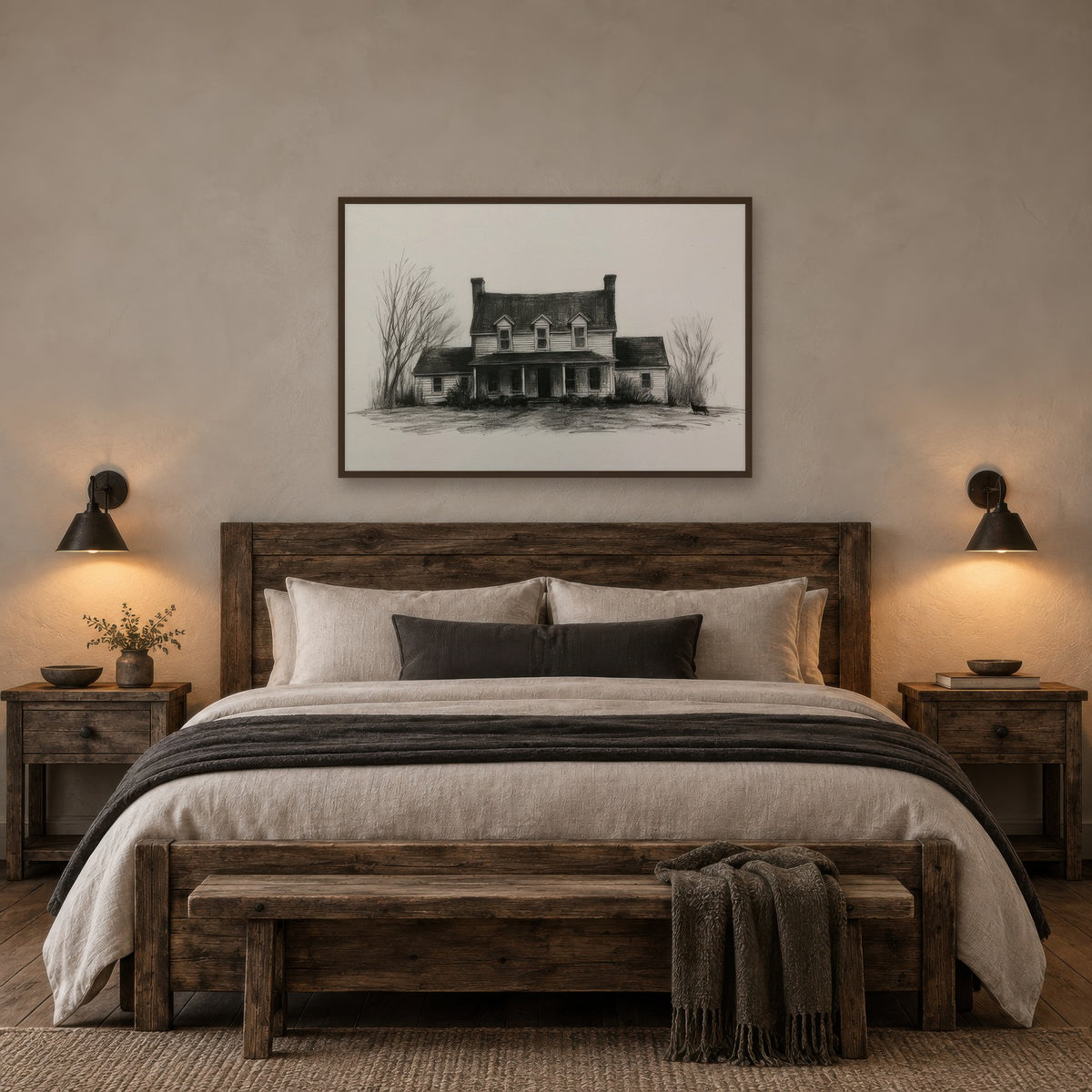 Farmhouse in Winter Sketch farmhouse wall art in a bedroom