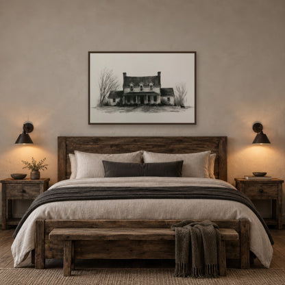 Farmhouse in Winter Sketch farmhouse wall art in a bedroom