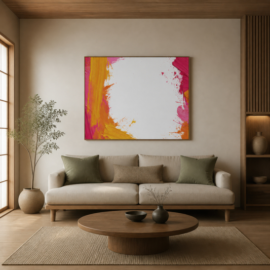Candy current above a sage green sofa with an oval wood coffee table and an olive tree