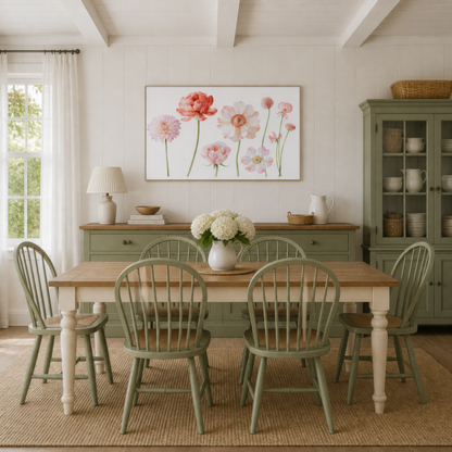 Pink Blooms in a Row wall art print, alternate room view
