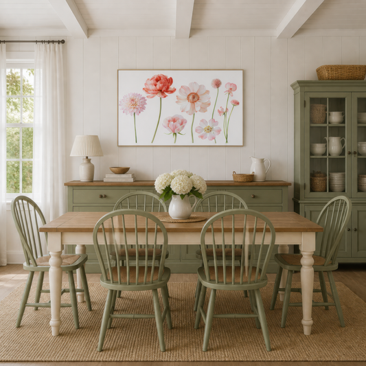 Pink Blooms in a Row wall art print, alternate room view
