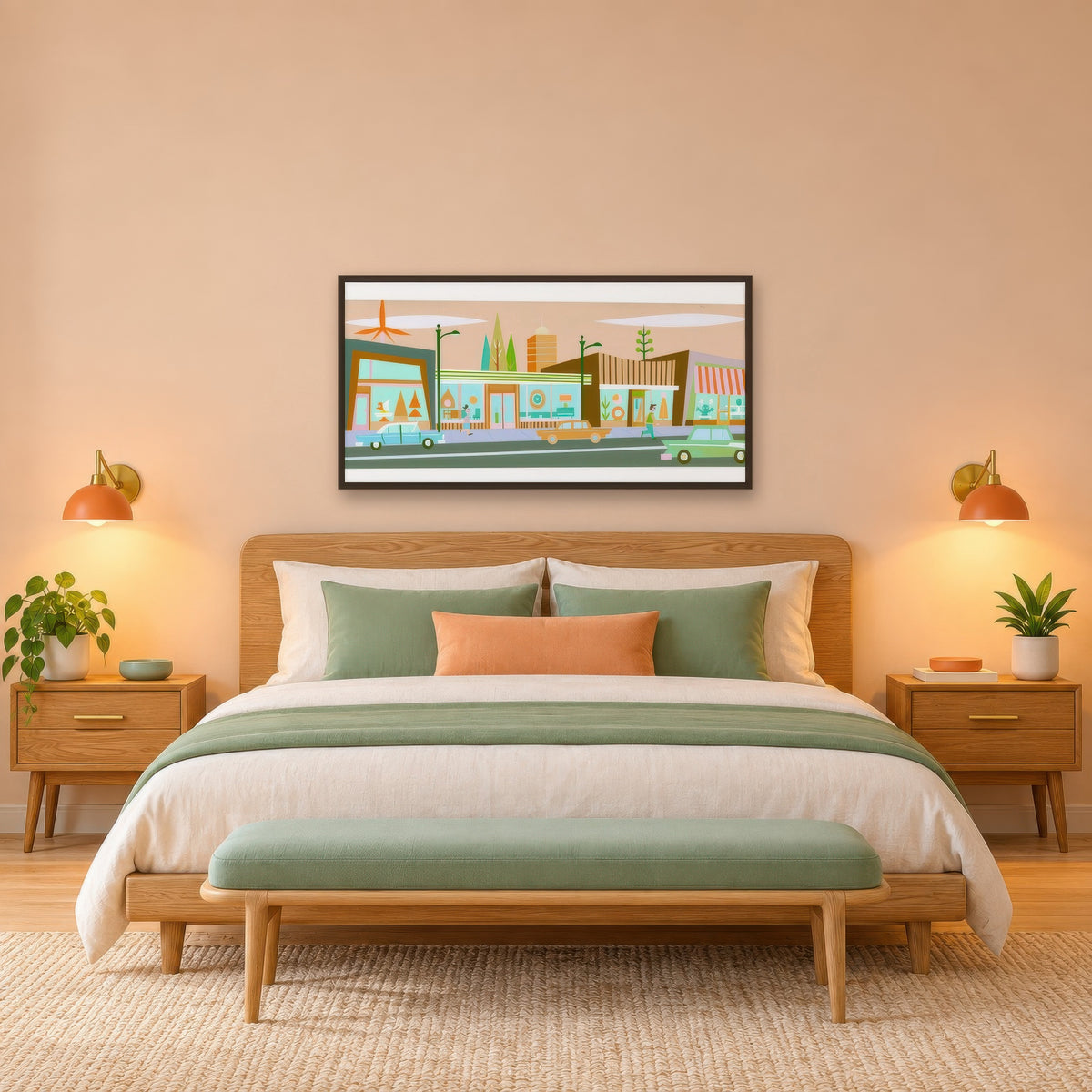 Retro Main Street in Warm Sand Tones mid-century modern wall art in a bedroom