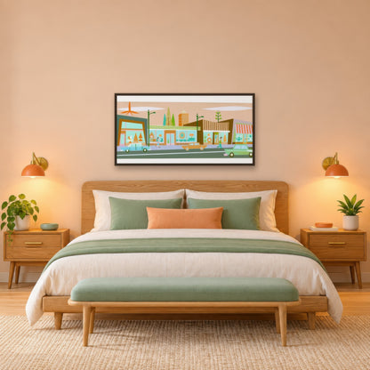 Retro Main Street in Warm Sand Tones mid-century modern wall art in a bedroom