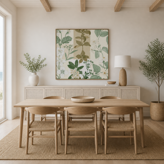 Patchwork Botanical Floral Illustration wall art print, alternate room view