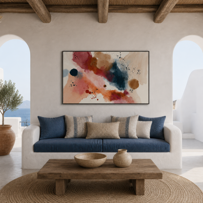 Watercolor splash abstract above a navy banquette in a white stucco room with arches