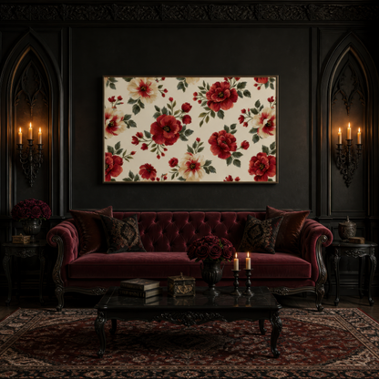Red and Cream Rose Pattern wall art print, alternate room view