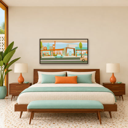 Retro Storefronts with Tall Sign Pylons mid-century modern wall art in a bedroom