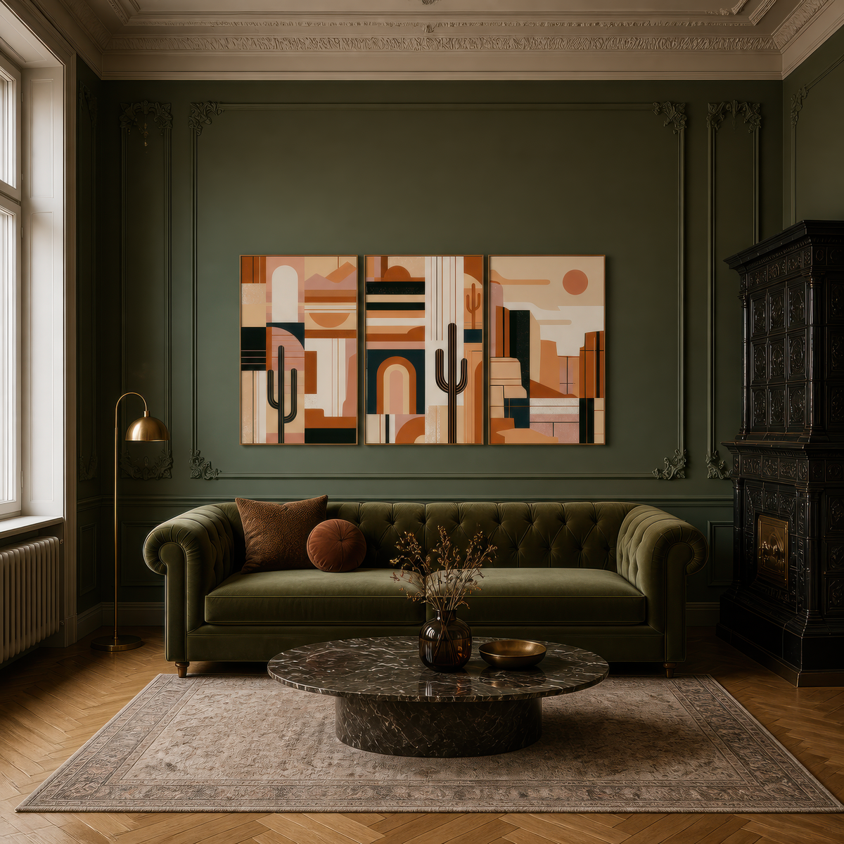 Abstract Desert Triptych with Cacti wall art print, alternate room view