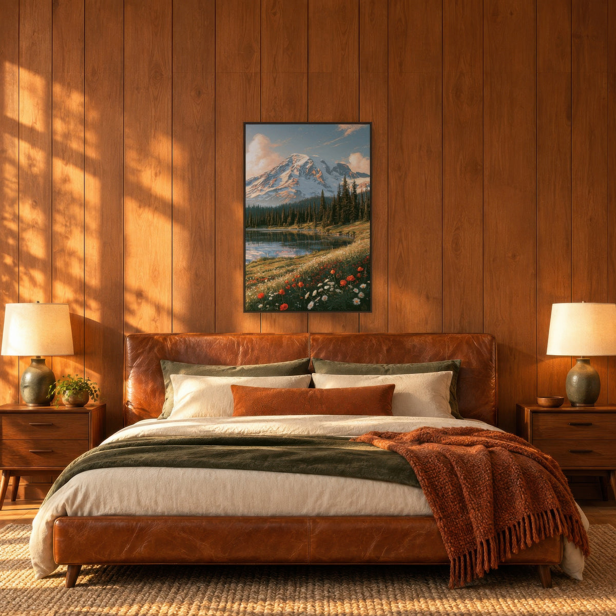 Snowy Peak Wildflower Meadow national park wall art in a bedroom