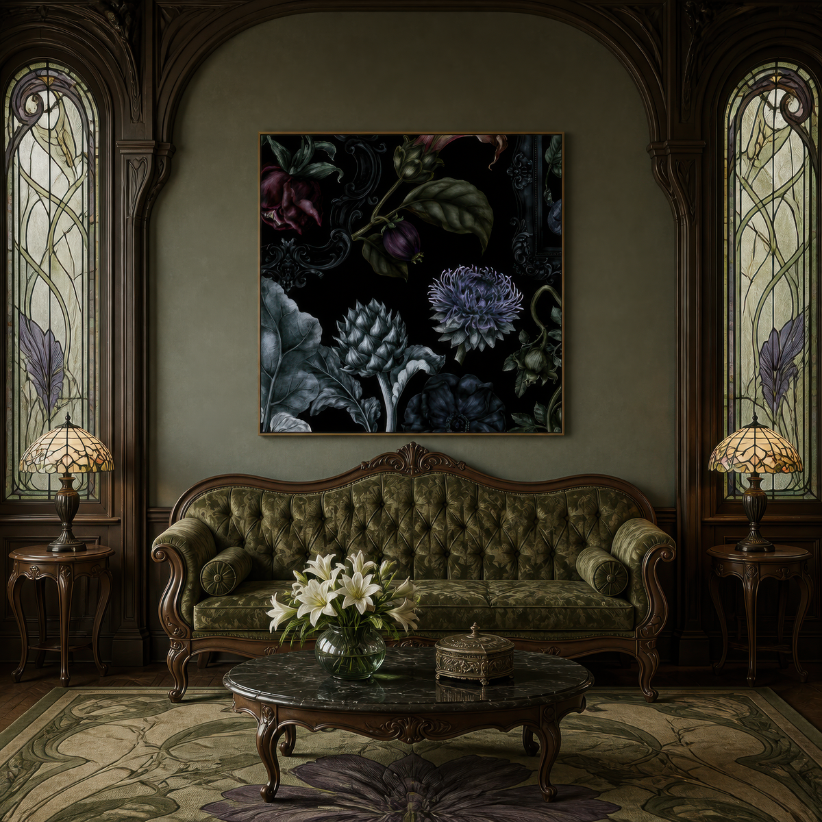 Purple Mum and Artichoke Dark Floral wall art print, alternate room view