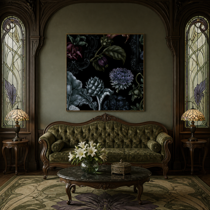 Purple Mum and Artichoke Dark Floral wall art print, alternate room view
