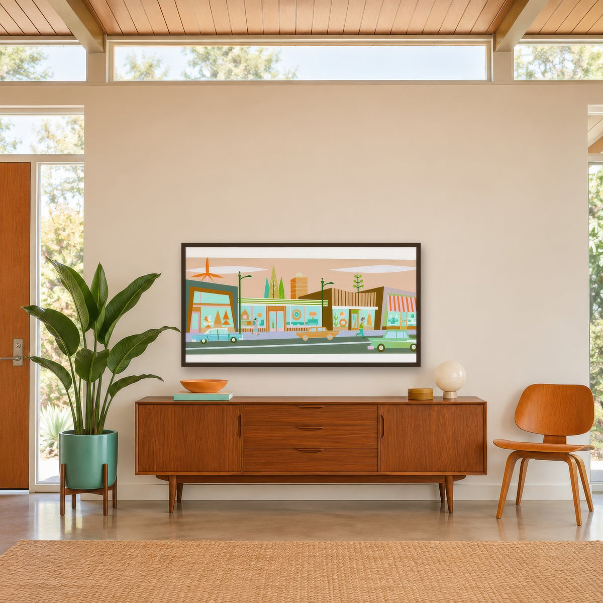 Retro Main Street in Warm Sand Tones mid-century modern wall art in an entryway