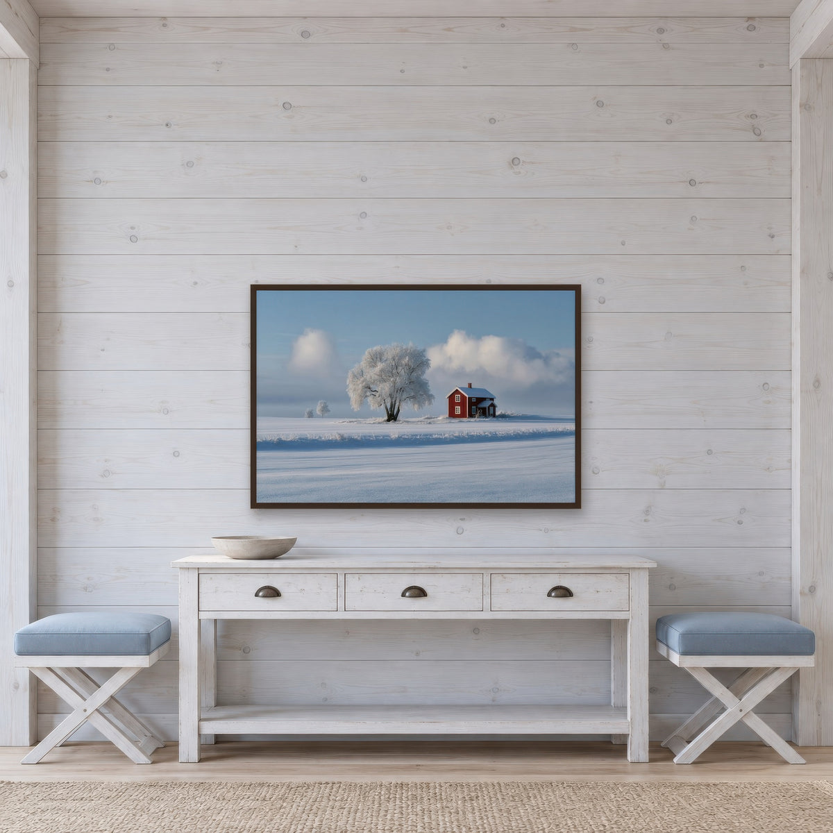 Red Farmhouse and Frosted Tree in Snow scandinavian wall art in an entryway