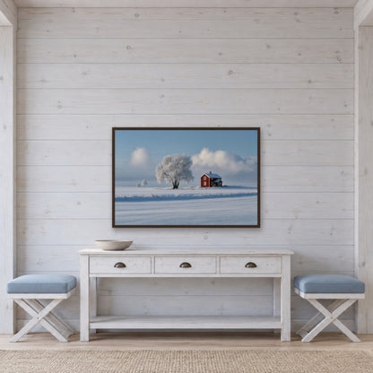 Red Farmhouse and Frosted Tree in Snow scandinavian wall art in an entryway